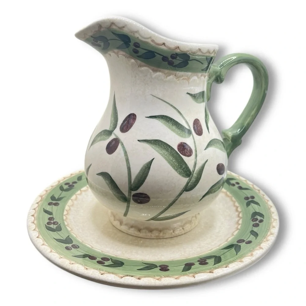 Oliveto by Oneida Vintage Stoneware Hand painted Pitcher & 11” Platter/Plate